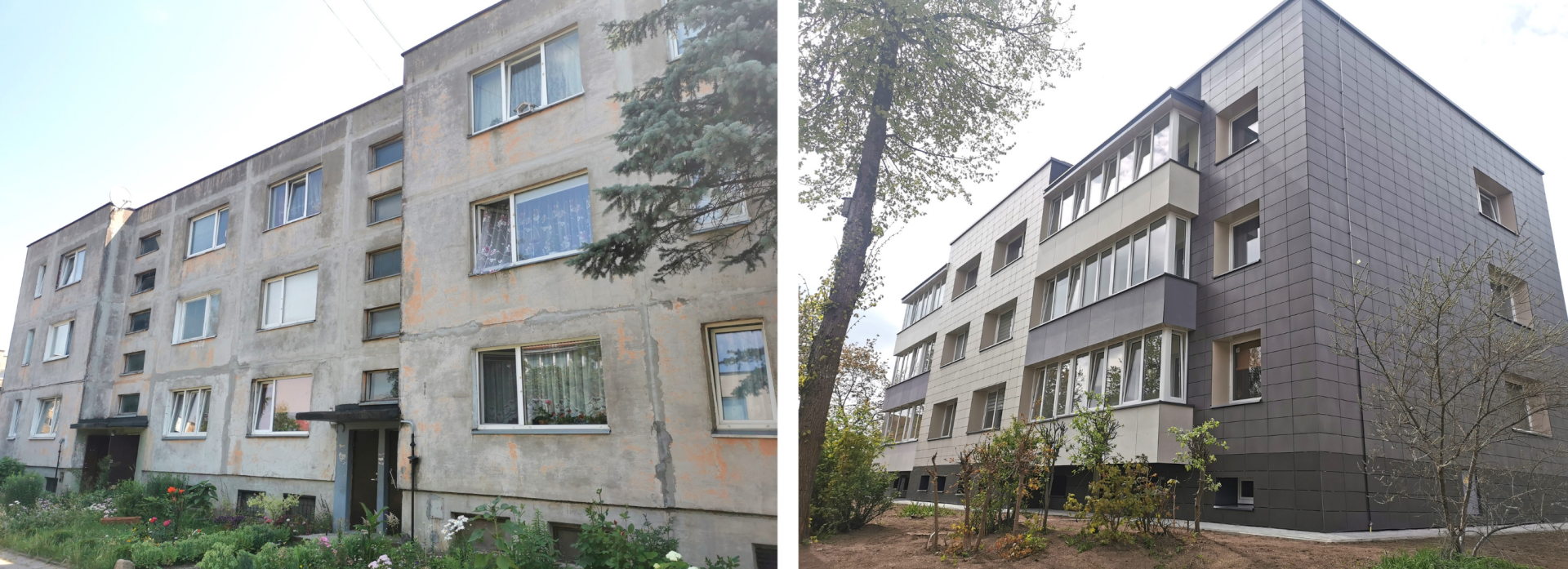 Ul. Statybininkų 1, Niemież, budynek mieszkalny przed i po renowacji